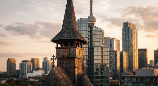 Traditional Romanian church architecture blended with a modern Canadian skyline