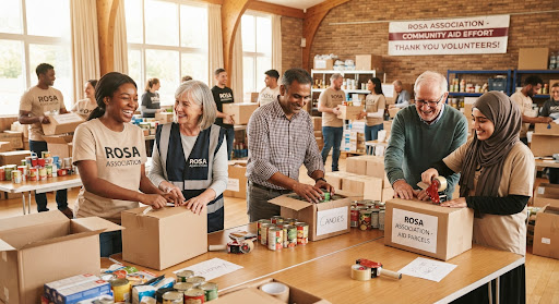Volunteers organizing aid packages together